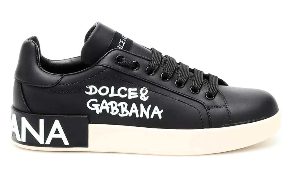 Dolce & Gabbana Logo Print Leather Lace-up Trainers In Black