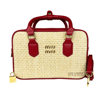 Miu Miu | Straw Zip-up Handbag With Red Leather Trim And Handles
