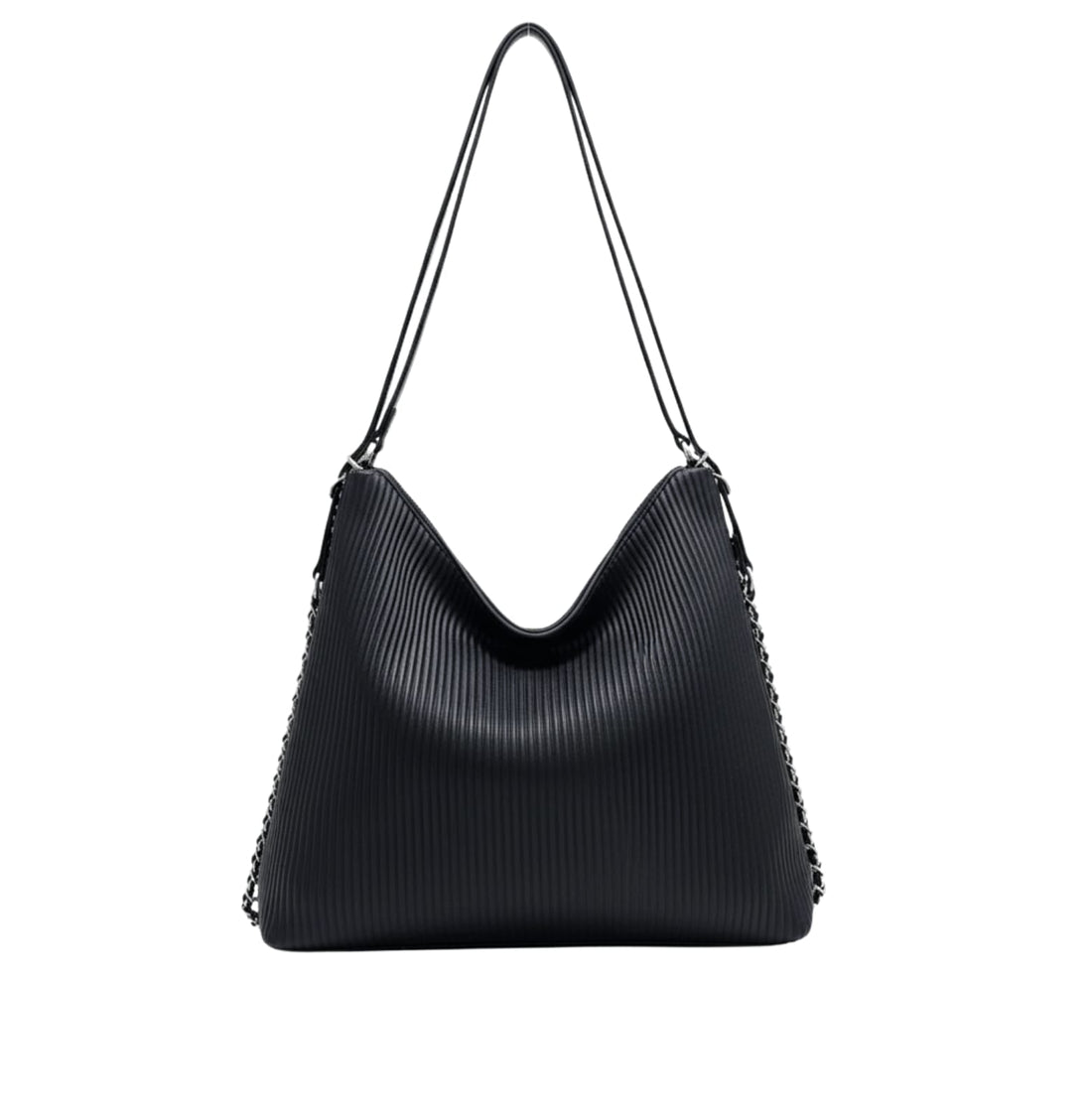 Chanel | Hobo Shoulder Bag With A Ribbed Texture And Silver Chain Straps.