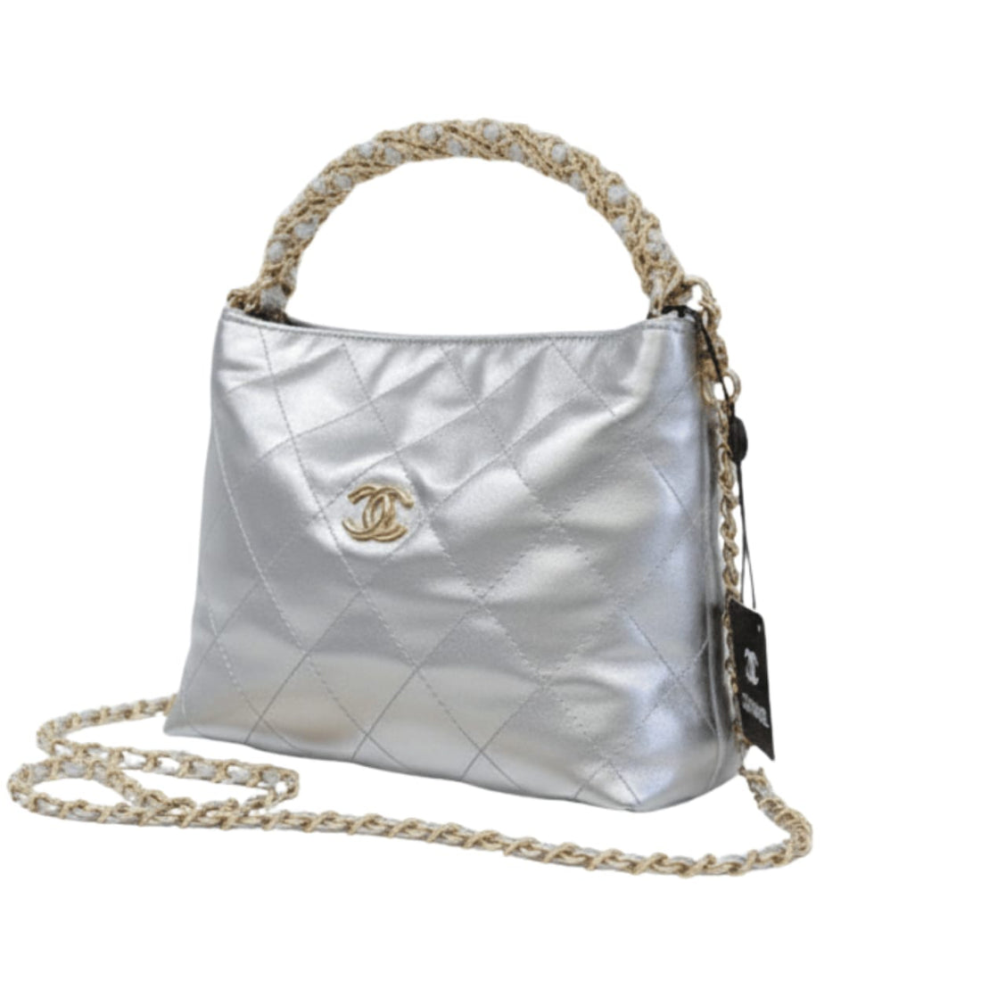 Chanel | Metallic Lambskin Chain Rows Quilted Chain Hobo Bag In Silver.