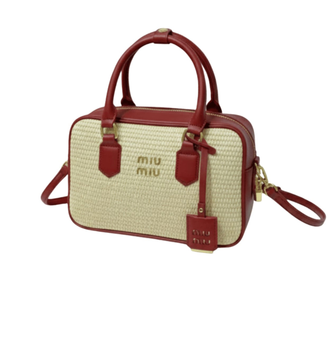 Miu Miu | Straw Zip-up Handbag With Red Leather Trim And Handles