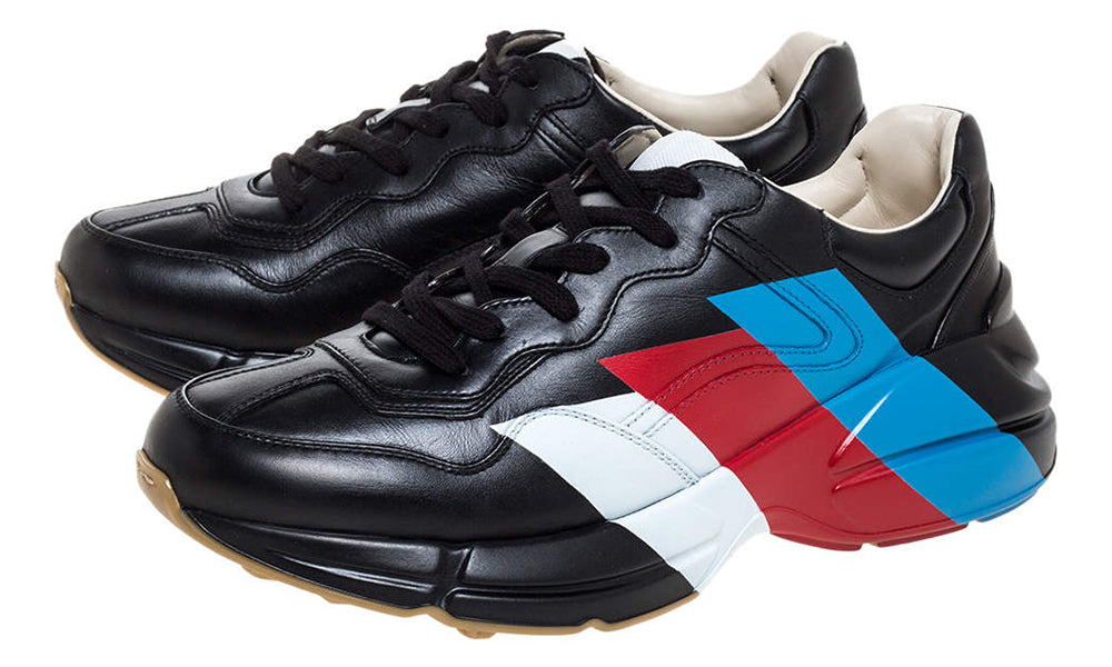 Gucci Black Leather Web Rhyton Low Top Sneakers