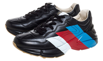 Gucci Black Leather Web Rhyton Low Top Sneakers