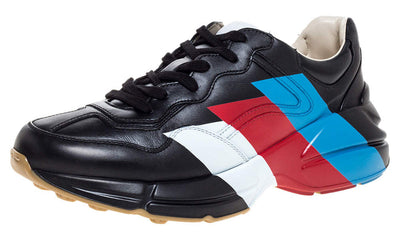 Gucci Black Leather Web Rhyton Low Top Sneakers